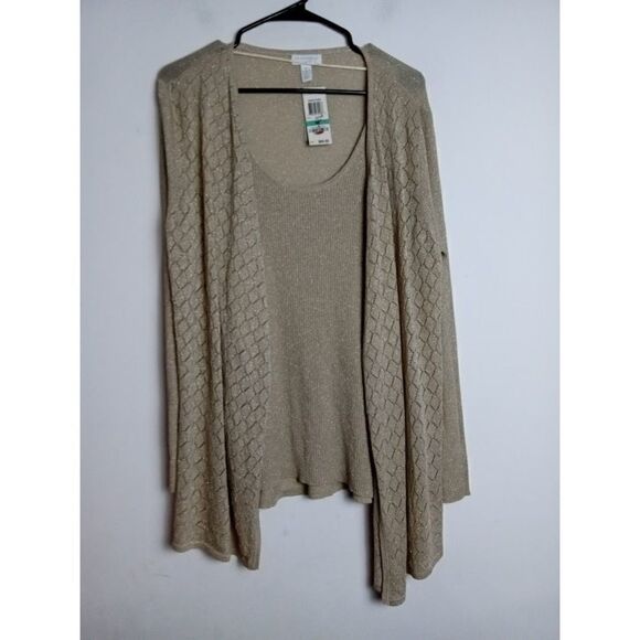 NWT Charter Club Women Brown/Gold Metallic Cami/Cardigan Sweater Combo size 0X - Picture 2 of 8